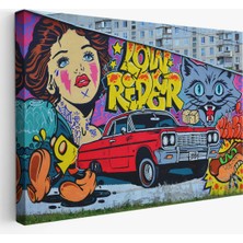 Harita Sepeti Grafiti Ile Yapilmiş Retro Kırmızı Araba Kanvas TABLO-5027