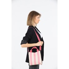 Gülçem Kadın Kanvas Kumaş Pembe Çizgili Pelo Omuz Çantası