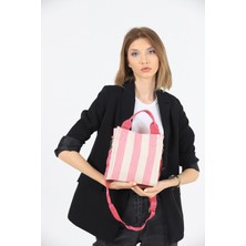 Gülçem Kadın Kanvas Kumaş Pembe Çizgili Pelo Omuz Çantası
