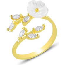 Söğütlü Silver Gümüş Altın Yaldızlı Zirkon ve Sedef Taşlı Yapraklı Prunus Dulcis (Badem Çiçeği) Yüzük SGTL12292GOLD
