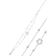 Söğütlü Silver Gümüş Rodaj Top Top Çift Zincirli Çiçek Bileklik SGTL12278RODAJ