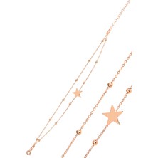 Söğütlü Silver Gümüş Rose Top Top Çift Zincirli Yıldız Bileklik SGTL12277ROSE