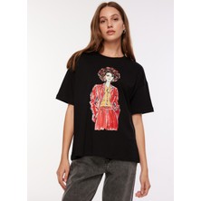 Fabrika Bisiklet Yaka Baskılı Siyah Kadın T-Shirt F3WL-TST3