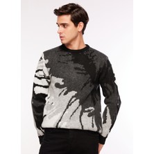 Fabrika Bisiklet Yaka Relaxed Jakarlı Siyah Erkek Kazak F3WM-KZK150