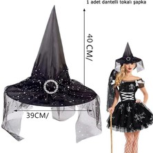 Pandoli Halloween Sarkan Siyah Dantelli Cadı Şapkası Yetişkin Siyah Renk 1 Adet 39X40 cm