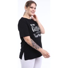 Pianoluce Kadın Büyük Beden Baskılı Yarım Kol T-Shirt Siyah PLWM21TS007