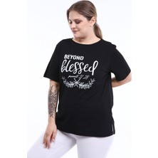 Pianoluce Kadın Büyük Beden Baskılı Yarım Kol T-Shirt Siyah PLWM21TS007