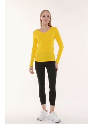 Defy's Kadın V Yaka Uzun Kollu Regular Fit Basic Tişört Sarı
