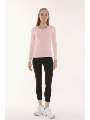 Defy's Kadın V Yaka Uzun Kollu Regular Fit Basic Tişört Pembe
