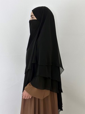 Erasra Class Üç Katlı Hazır Peçeli Sufle Khimar Şifon  Esarp 4 Ipli Siyah Renk