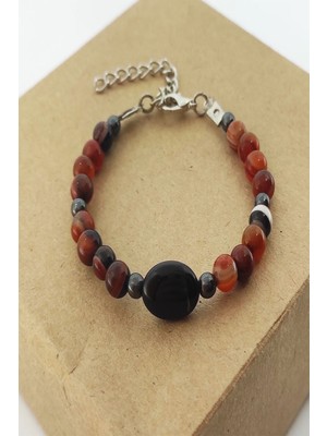 Nelleovana Doğal Akik ve Hematit Taşı Bileklik 6 mm ( Doğal Taş Bileklik )