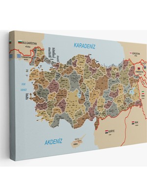 Harita Sepeti Türkiye Haritası Kanvas Tablo Il ve Ilçeli Ayrıntılı Eğitici  Komşulu Tablo 3022