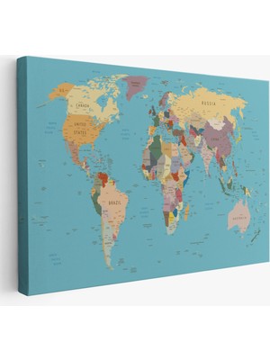 Harita Sepeti Dekoratif Kanvas Tablo Dünya Haritası Mavi Zemin 1032