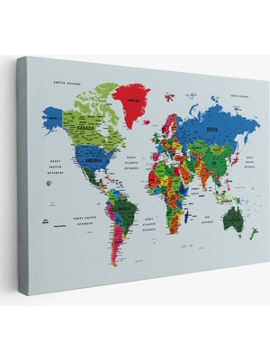 Harita Sepeti Türkçe Detaylı Dünya Haritası Dekoratif Renkli Zeminli Kanvas Tablo 1703