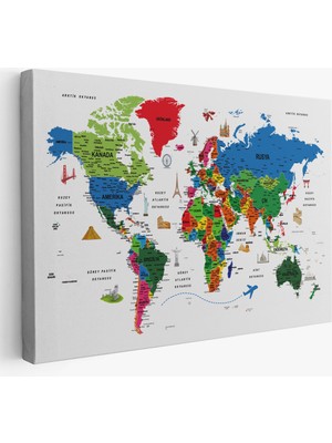 Harita Sepeti Türkçe Dünya Haritası Son Derece Ayrıntılı Eğitici  ve Sembollü Kanvas Tablo 3228