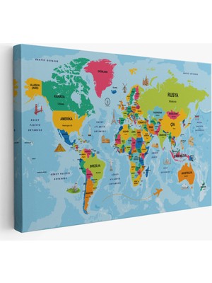 Harita Sepeti Türkçe Dünya Haritası Sembollü ve Okyanuslu Dekoratif Kanvas Tablo 2472