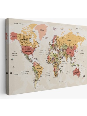 Harita Sepeti Türkçe Dünya Haritası Ayrıntılı Eğitici-Öğretici Okyanuslu Dekoratif Kanvas Tablo 2530