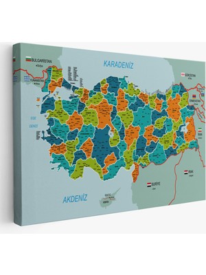 Harita Sepeti Türkiye Haritası Kanvas Tablo Il ve Ilçeli Ayrıntılı Eğitici  Komşulu Tablo 3015