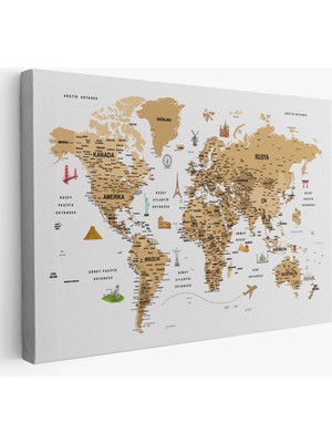 Harita Sepeti Türkçe Dünya Haritası Son Derece Ayrıntılı Eğitici  ve Sembollü Kanvas Tablo 3220