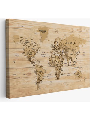 Harita Sepeti Ahşap Görünümlü Dünya Haritası Ayrıntılı ve Dekoratif Kanvas Tablo 1810