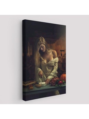 Harita Sepeti Peynir Kesen Güzel Kadın Dekoratif Duvar TABLOSU-6299