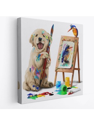Harita Sepeti Ressam Yavru Köpek Dekoratif Kanvas TABLO-5845