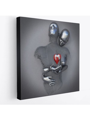 Harita Sepeti Aşk Sanatı, 3D Efekti Gümüş Insan, Gri ve Gümüş Metalik Efektli Kanvas TABLO-5353