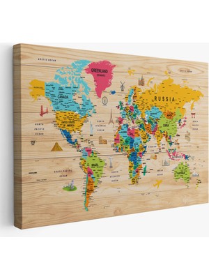 Harita Sepeti Ahşap Görünümlü Dünya Haritası Sembollü Eğitici Dekoratif Kanvas Tablo 2938