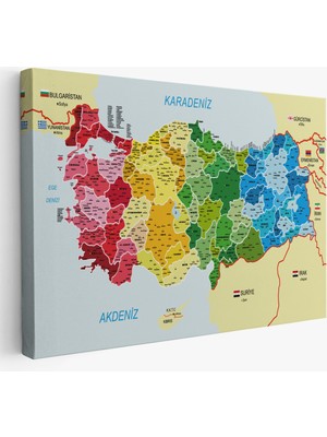Harita Sepeti Türkiye Haritası Kanvas Tablo Il ve Ilçeli Ayrıntılı Eğitici  Komşulu Tablo 3021