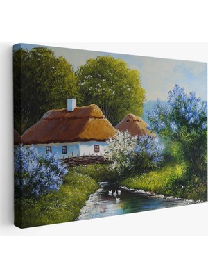 Harita Sepeti Akarsu Kenarındaki Köy Evi Yağlıboya Dekoratif Kanvas Duvar TABLOSU-3637