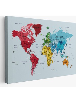 Harita Sepeti Detaylı Dünya Haritası Dekoratif Renkli Zeminli Kanvas Tablo 1700