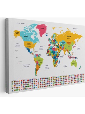 Harita Sepeti  Türkçe Dünya Haritası Kanvas Tablo Ülke Bayraklı ve Dekoratif 2394