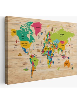 Harita Sepeti Ahşap Görünümlü Dünya Haritası Dekoratif Kanvas Tablo 2099