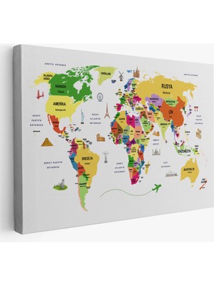 Harita Sepeti  Türkçe Dünya Haritası Kanvas Tablo Ülke-Başkentli Öğretici ve Sembollü 2286