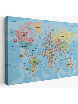 Harita Sepeti Türkçe Dünya Haritası Kanvas Tablo Son Derece Detaylı ve DEKORATIF-2012