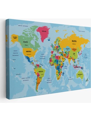 Harita Sepeti Türkçe Dünya Haritası Ülke Başkentli ve Okyanuslu Dekoratif Kanvas Tablo 2242