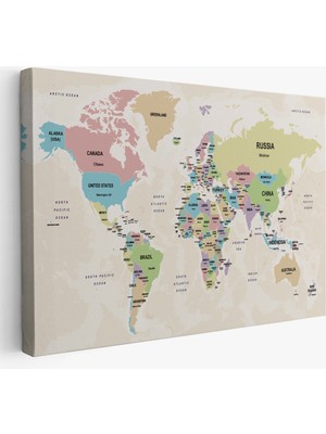Harita Sepeti Dünya Haritası Kanvas Tablo  Ülke Başkentli ve Okyanus Detaylı Tablo 2749