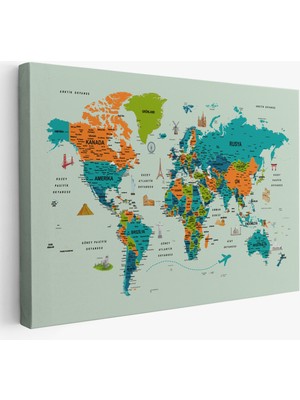 Harita Sepeti Türkçe Dünya Haritası Çok Detaylı Ünlü Yerler Sembollü Kanvas Tablo 1749