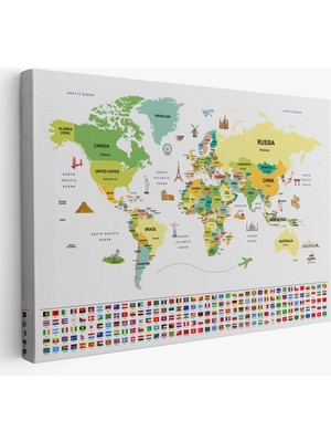 Harita Sepeti Dünya Haritası Ülke Bayraklı ve Başkentli Kanvas Tablo 1915