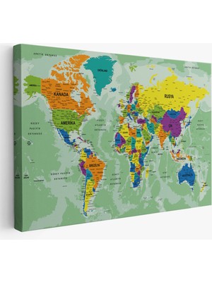 Harita Sepeti Türkçe Dünya Haritası Ayrıntılı Eğitici-Öğretici Okyanuslu Dekoratif Kanvas Tablo 2502