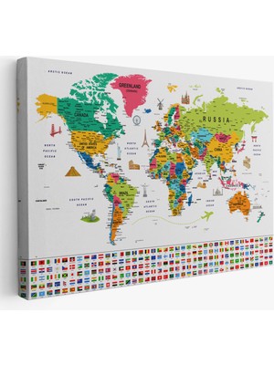 Doğal Tercih Dünya Haritası Ayrıntılı Eğitici Sembollü Bayraklı Dekoratif TABLO2869