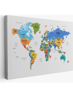 Harita Sepeti Dünya Haritası Dekoratif Kanvas Tablo Ülke ve Başkentli 1561
