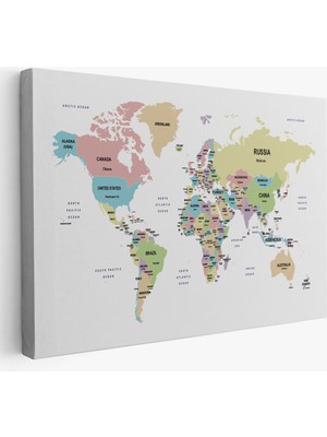 Harita Sepeti Dünya Haritası Dekoratif Kanvas Tablo Ülke ve Başkentli 1533