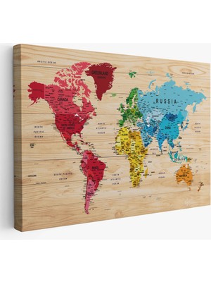 Harita Sepeti Ahşap Görünümlü Dünya Haritası Ayrıntılı ve Dekoratif Kanvas Tablo 1812