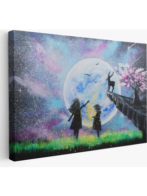 Harita Sepeti Gece Ay'ı Izleyen Çocuklar Duvar TABLOSU-3470