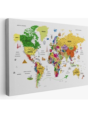 Harita Sepeti Türkçe Dünya Haritası Son Derece Ayrıntılı Eğitici  ve Sembollü Kanvas Tablo 3186