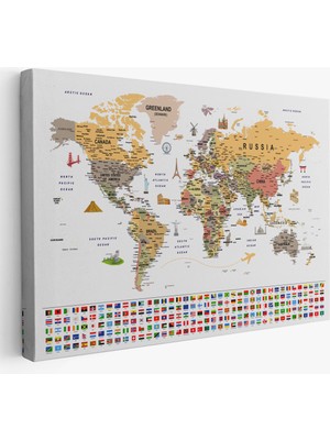 Harita Sepeti Dünya Haritası Ayrıntılı Eğitici  Sembollü Bayraklı Dekoratif Kanvas Tablo 2853