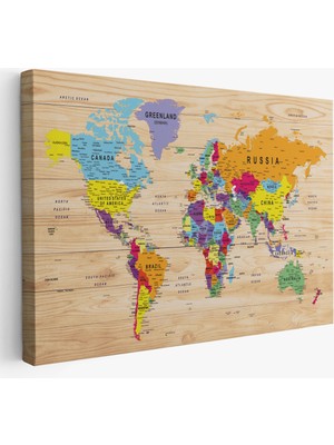 Harita Sepeti Ahşap Görünümlü Dünya Haritası Ayrıntılı ve Dekoratif Kanvas Tablo 1790