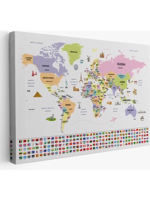 Harita Sepeti Dünya Haritası Ülke Bayraklı ve Başkentli Kanvas Tablo 1925