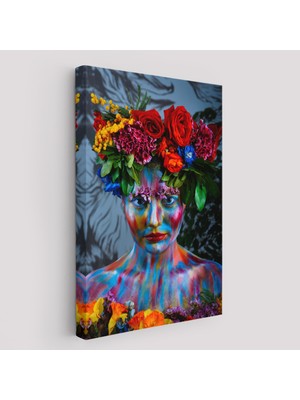 Harita Sepeti Renkli Çiçek Taçlı Kız Kanvas TABLO-5989